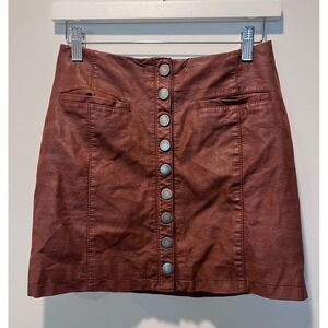 Free People Vegan Leather Mini Skirt Bronze Brown‎ Button Front Size 2